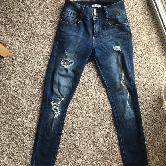 SUPER CUTE DARK DISTRESSED HIGH WAISTED JEANS - Picture 1 of 8